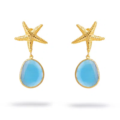 Ebru Jewelry Women's Gold / Blue Ocean Star Blue Cat Eye Gold Earrings - Gold