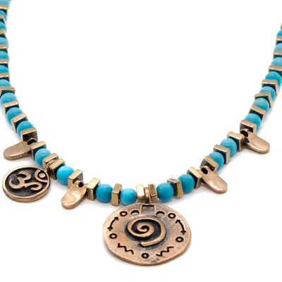 Ebru Jewelry Women's Gold / Blue Om & Spiral Charm Turquoise Beaded Choker Necklace - Turquoise In Multi