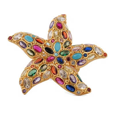 Ebru Jewelry Women's Gold / Blue / Pink Ocean Goddess Multicolor Starfish Gold Adjustable Ring - Multicolor