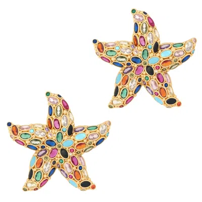 Ebru Jewelry Women's Gold / Blue / Pink Ocean Goddess Multicolor Starfish Gold Chunky Earrings - Multicolor