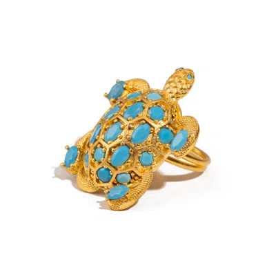 Ebru Jewelry Women's Gold / Blue Protective Turtle Turquoise & Gold Chunky Adjustable Ring - Turquoise