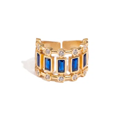 Ebru Jewelry Women's Gold / Blue Radiant Majesty Sapphire Gold Adjustable Cuff Ring - Blue