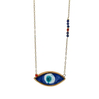 Ebru Jewelry Women's Gold / Blue / Red Energy Anchor Evil Eye Pendant Necklace - Blue