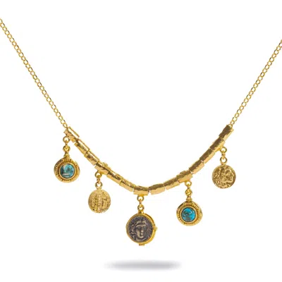 Ebru Jewelry Women's Gold / Blue Safe Passage Coin & Turquoise Hammered Gold Necklace - Gold In Gold/blue
