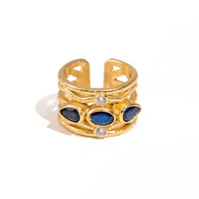 Ebru Jewelry Women's Gold / Blue Sapphire & Diamond Regal Adjustable Gold Ring - Blue