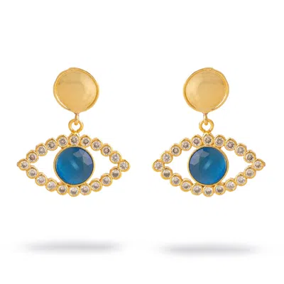Ebru Jewelry Women's Gold / Blue Sapphire Dream Eye Earrings - Blue