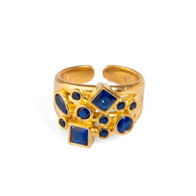 Ebru Jewelry Women's Gold / Blue Sapphire Stone Design & Gold Adjustable Statement Ring - Blue In Multi