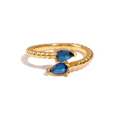 Ebru Jewelry Women's Gold / Blue Sapphire Teardrop Glow Gold Adjustable Ring - Blue