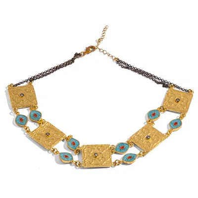 Ebru Jewelry Women's Gold / Blue / Silver Cleopatra Evil Eye Turquoise & Coral Engraved Gold Collar Necklace - Go In Gold/blue/silver