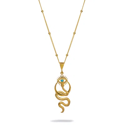 Ebru Jewelry Women's Gold / Blue Spiritual Snake & Evil Eye Design Unique Gold Necklace - Gold