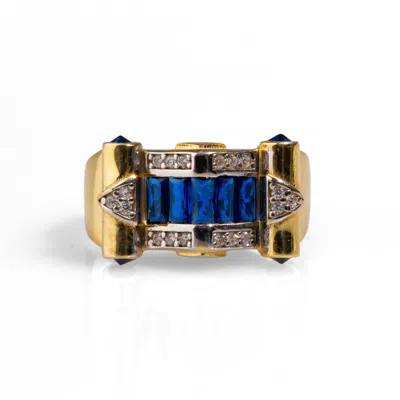 Ebru Jewelry Women's Gold / Blue Stylish Sapphire & Diamond Gold Statement Adjustable Ring - Gold