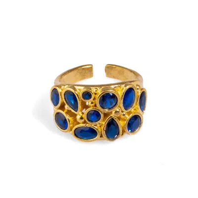 Ebru Jewelry Women's Gold / Blue Teardrop Sapphire Stone & Gold Adjustable Statement Ring - Blue