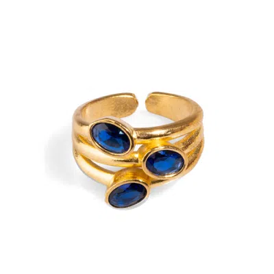 Ebru Jewelry Women's Gold / Blue Trio Sapphire Gemstone & Gold Stylish Adjustable Cocktail Ring - Navyblue
