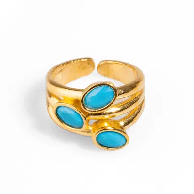 Ebru Jewelry Women's Gold / Blue Trio Turquoise Gemstone & Gold Stylish Adjustable Cocktail Ring - Blue