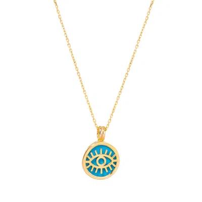 Ebru Jewelry Women's Gold / Blue Turquoise & Gold Round Evil Eye Pendant Talisman Necklace - Turquoise