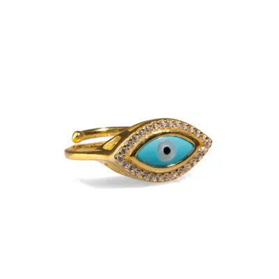 Ebru Jewelry Women's Gold / Blue Turquoise Evil Eye & Diamond Gold Statement Ring - Turquoise In Multi