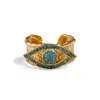 Ebru Jewelry Women's Gold / Blue Turquoise Evil Eye Design Gold Adjustable Statement Ring - Blue