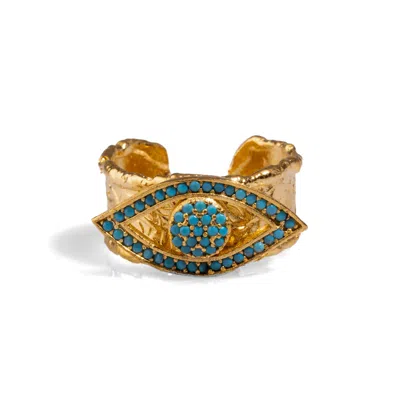 Ebru Jewelry Women's Gold / Blue Turquoise Evil Eye Design Gold Adjustable Statement Ring - Blue In Multi