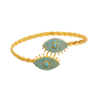 Ebru Jewelry Women's Gold / Blue Turquoise Evil Eye Twisted Gold Design Cuff Bracelet - Turquoise In Multi