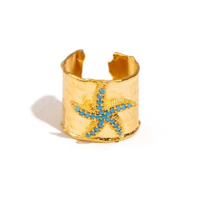 Ebru Jewelry Women's Gold / Blue Turquoise Starfish Gold Adjustable Cuff Ring - Blue