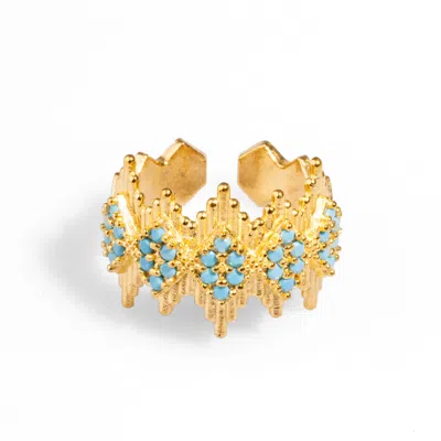 Ebru Jewelry Women's Gold / Blue Turquoise Stone & Gold Crown Adjustable Statement Ring - Gold In Multi