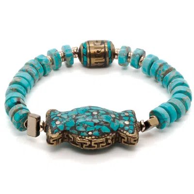 Ebru Jewelry Women's Gold / Blue Turquoise Stone Beaded Nepal Mantra Bracelet - Blue