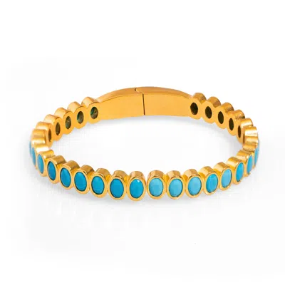 Ebru Jewelry Women's Gold / Blue Turquoise Teardrop Gemstone & Gold Bangle Bracelet - Turquoise