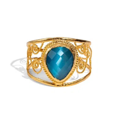 Ebru Jewelry Women's Gold / Blue Vintage Blue Cat Eye Chunky Cuff Bracelet - Turquoise In Multi