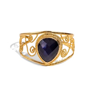 Ebru Jewelry Women's Gold / Blue Vintage Navy Blue Cat Eye Chunky Cuff Bracelet - Gold