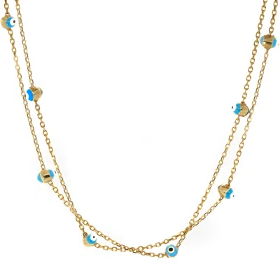 Ebru Jewelry Women's Gold / Blue / White Double Solid Gold Chain Evil Eye Statement Necklace - Gold