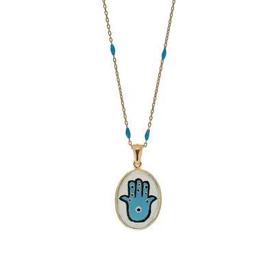 Ebru Jewelry Women's Gold / Blue / White Hamsa Hand Good Fortune Turquoise Pendant Gold Chain Necklace - Turquois In Green