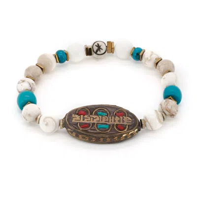Ebru Jewelry Women's Gold / Blue / White Om Mani Padme Hum Nepal Bracelet - White In Multi