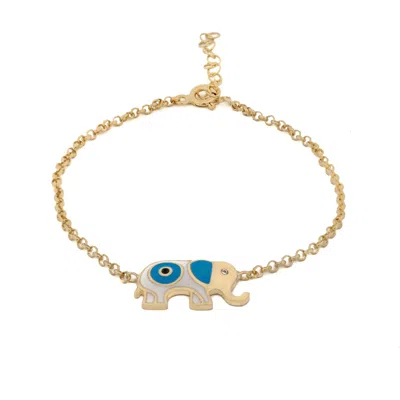 Ebru Jewelry Women's Gold / Blue / White Wishful Elephant & Evil Eye Blue Enamel Gold Chain Bracelet - Blue