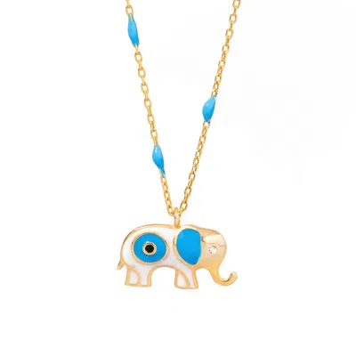 Ebru Jewelry Women's Gold / Blue Wishful Elephant & Evil Eye Turquoise Enamel Pendant Gold Chain Necklace - Turqu