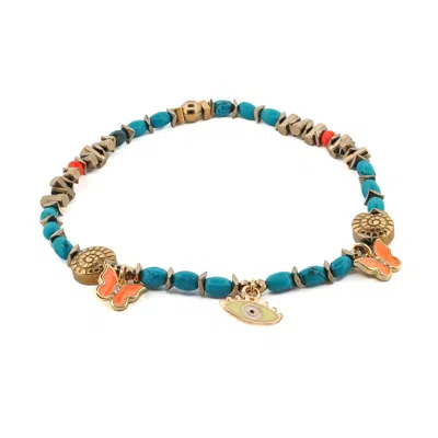 Ebru Jewelry Women's Gold / Blue / Yellow Evil Eye & Butterfly Sunset Glow Beaded Anklet In Multi