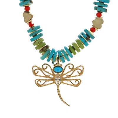 Ebru Jewelry Women's Gold / Green / Blue Transformation Dragonfly Gold & Turquoise Pendant Unique Necklace - Turq In Multi