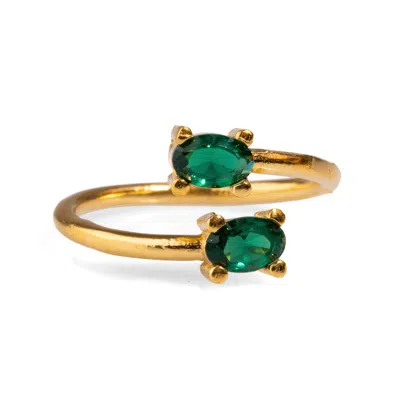 Ebru Jewelry Women's Gold / Green Double Emerald Stone & Gold Dainty Adjustable Ring - Green