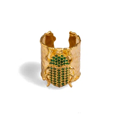 Ebru Jewelry Women's Gold / Green Egyptian Symbol Scarab Beetle Green Jade & Gold Chunky Ring - Green
