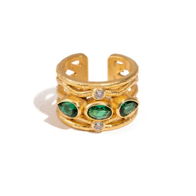Ebru Jewelry Women's Gold / Green Emerald & Diamond Regal Adjustable Gold Ring - Green