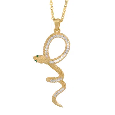 Ebru Jewelry Women's Gold / Green Emerald Eyed Mythology Snake Gold & Diamond Pendant Bold Chain Necklace - Gold