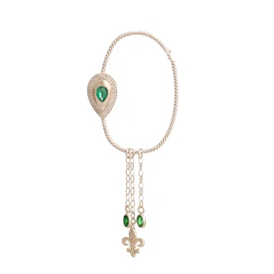 Ebru Jewelry Women's Gold / Green Emerald Fleur De Lis Chain Unique Earring - Green