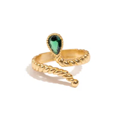 Ebru Jewelry Women's Gold / Green Emerald Glow Teardrop Green Gemstone Gold Adjustable Ring - Green