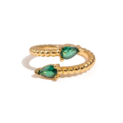 Ebru Jewelry Women's Gold / Green Emerald Teardrop Glow Gold Adjustable Ring - Green