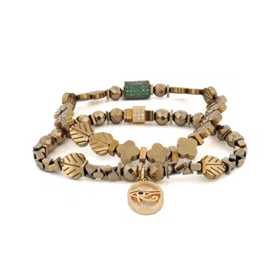 Ebru Jewelry Women's Gold / Green Eye Of Ra Charm Gold Hematite Stone Beaded Bracelet Set - Gold