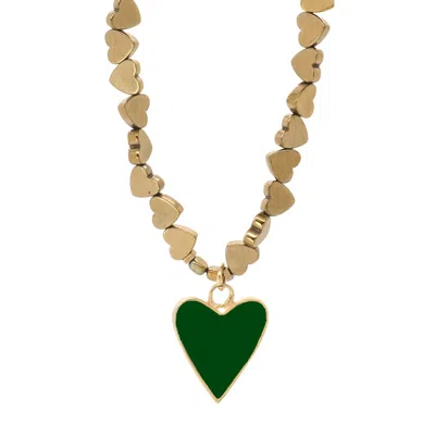 Ebru Jewelry Women's Gold / Green Green Heart Pendant Gold Hematite Stone Heart Shape Chain Necklace - Green In Multi