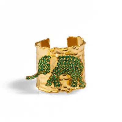 Ebru Jewelry Women's Gold / Green Guardian Green Elephant Gold Chunky Adjustable Ring - Green In Multi