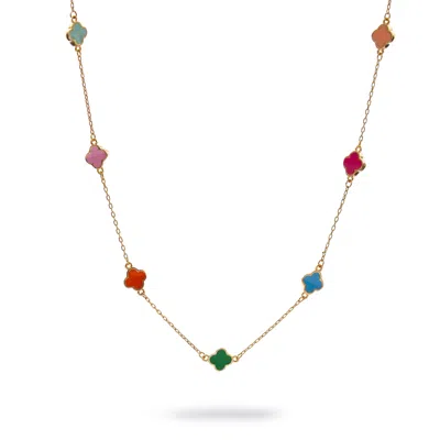 Ebru Jewelry Women's Gold / Green Lucky Vibes Rainbow Clover Enamel Necklace - Multicolour