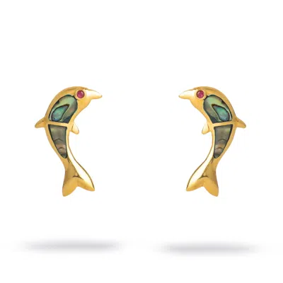 Ebru Jewelry Women's Gold / Green Ocean Joy Dolphin Pearl Stud Earrings - Gold