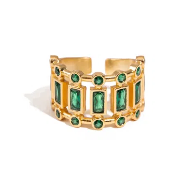 Ebru Jewelry Women's Gold / Green Radiant Majesty Emerald Gold Adjustable Cuff Ring - Green