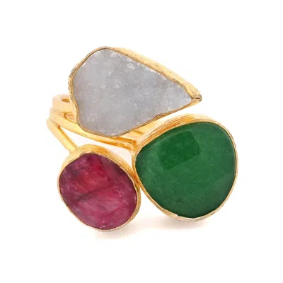 Ebru Jewelry Women's Gold / Green / Red Divine Nature Triple Adjustable Gemstone Ring - Gold
